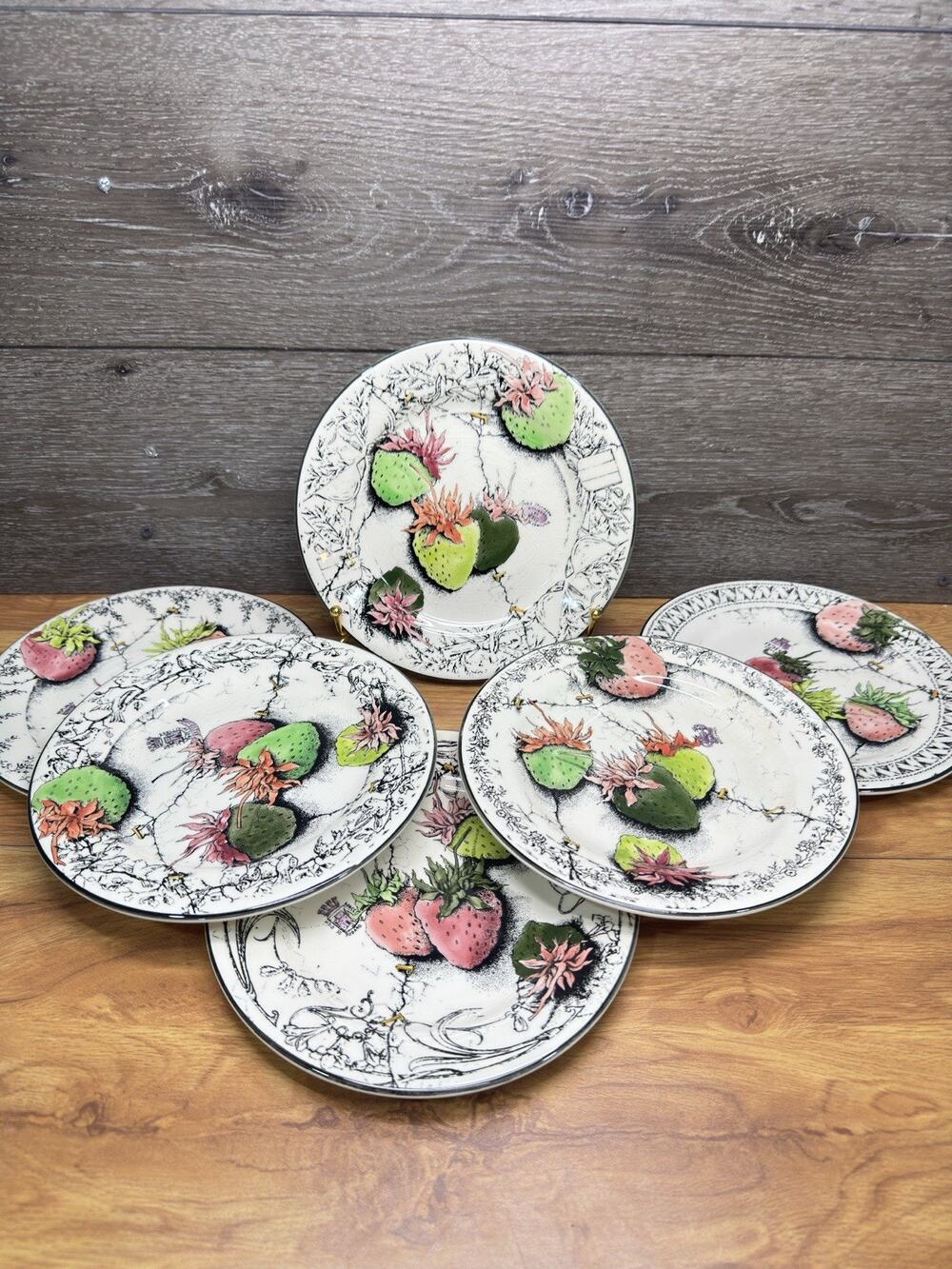 Gien France Fraises en Folie 8-5/8” Hand-Painted Salad Plates - Set of 6